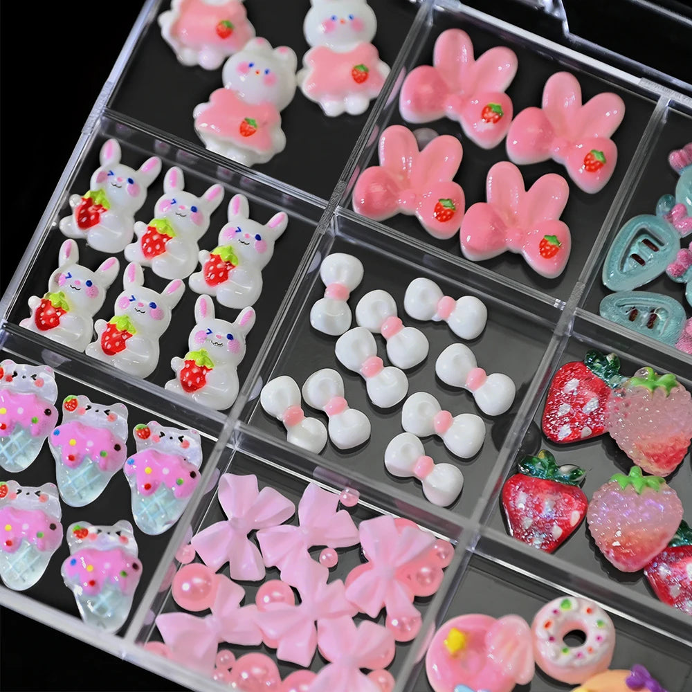 12-Grid 3D Nail Charms – Crystal Rabbit, Bow & Fruit Set Nail Art Charms PRIMED