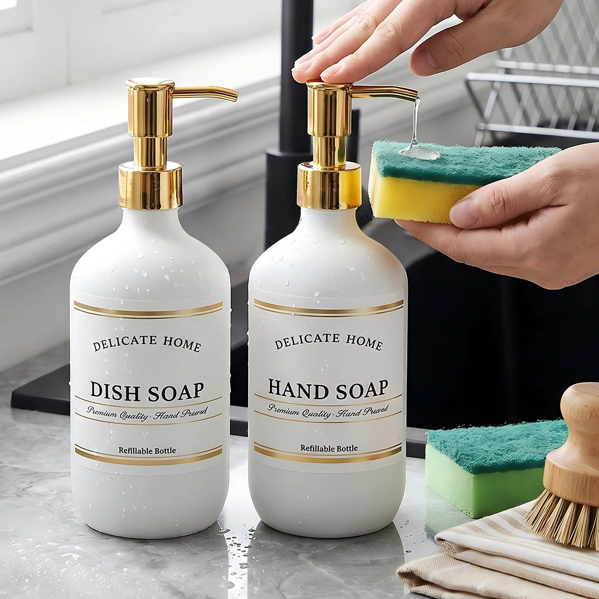 Matte White Soap Dispensers 2-Pack 500ml | Gold Pump Bottles Soap Dispenser Set PRIMED