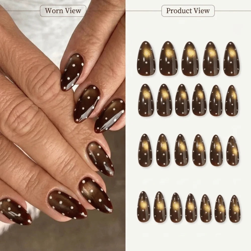 Cat Eye Almond Press-On Nails 24pc – Brown Polka Dot