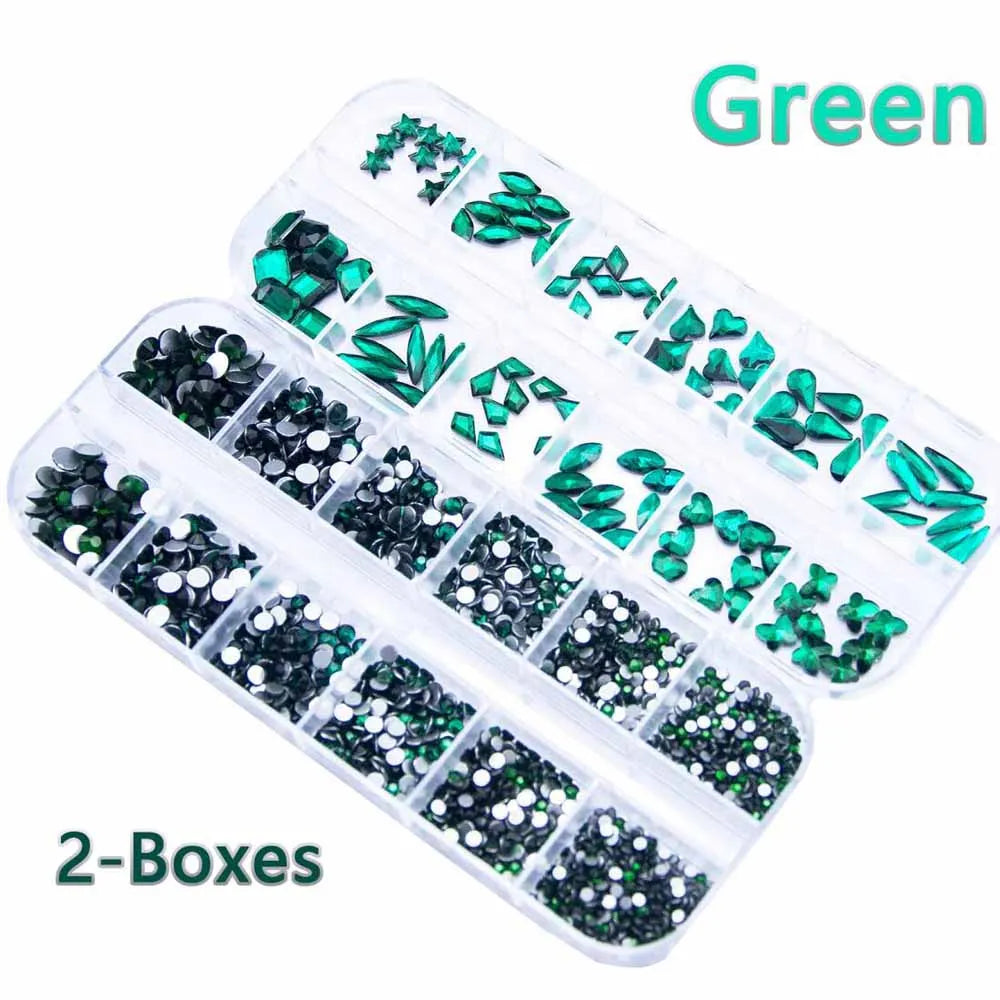 3D Retro Green Nail Rhinestones – 12-Grid Mixed Shapes Set Nail Art Rhinestones PRIMED