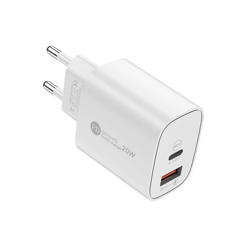 PD 20W Dual Port USB-C & USB-A Fast Wall Charger QC3.0 Wall Charger Adapter PRIMED EU Plug