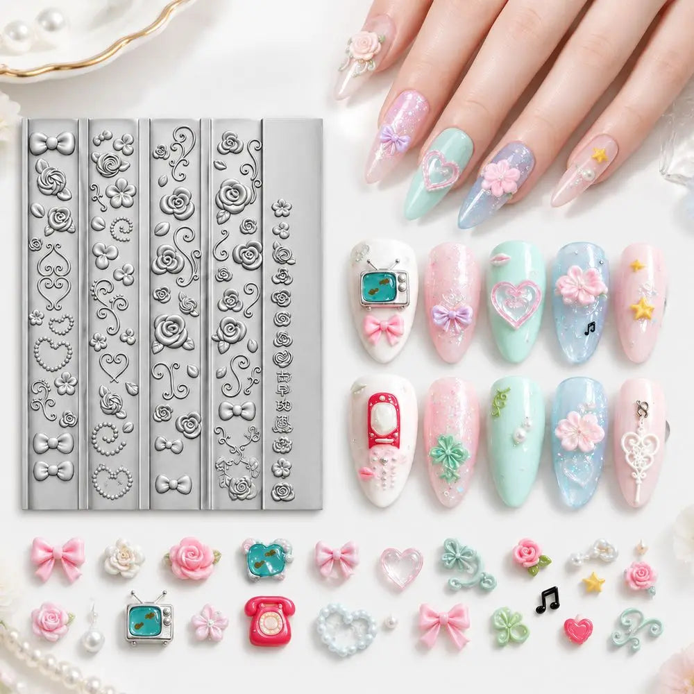 Silicone Nail Charm Mold – Layered Rose Embossed DIY Manicure