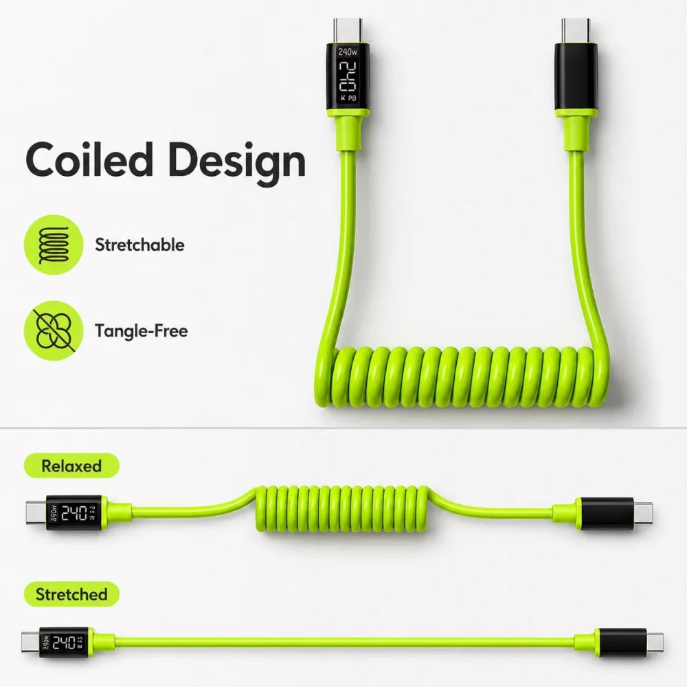 USB-C to USB-C 240W Spring Fast Charging Cable | 1m & 2m USB-C Charging Cable PRIMED