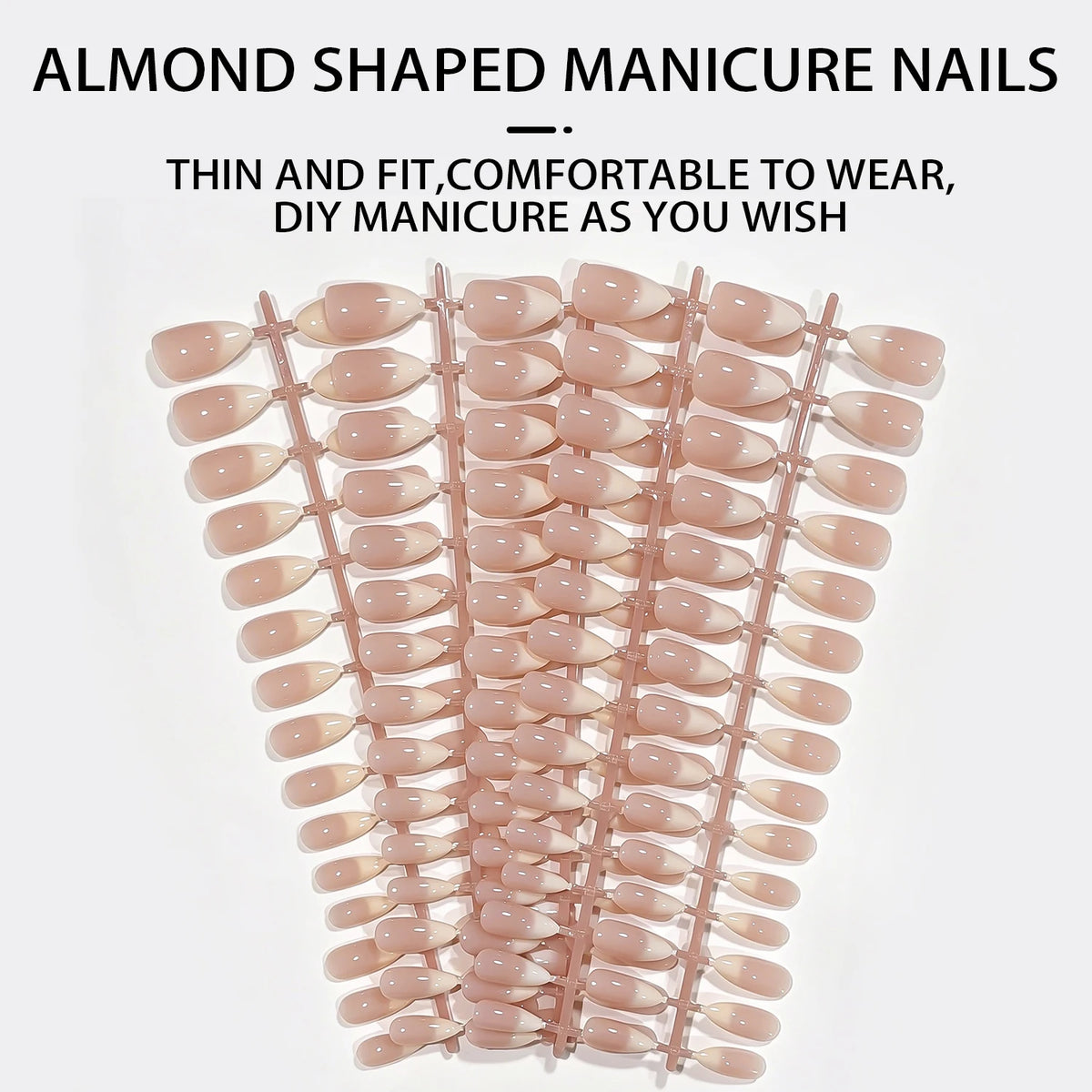 150Pcs Nude Pink Press On Nails – Glossy Almond French Tips