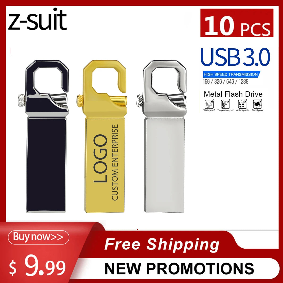 10-Pack Metal USB Flash Drives 32GB–128GB | Waterproof, Custom Logo USB Flash Drive PRIMED