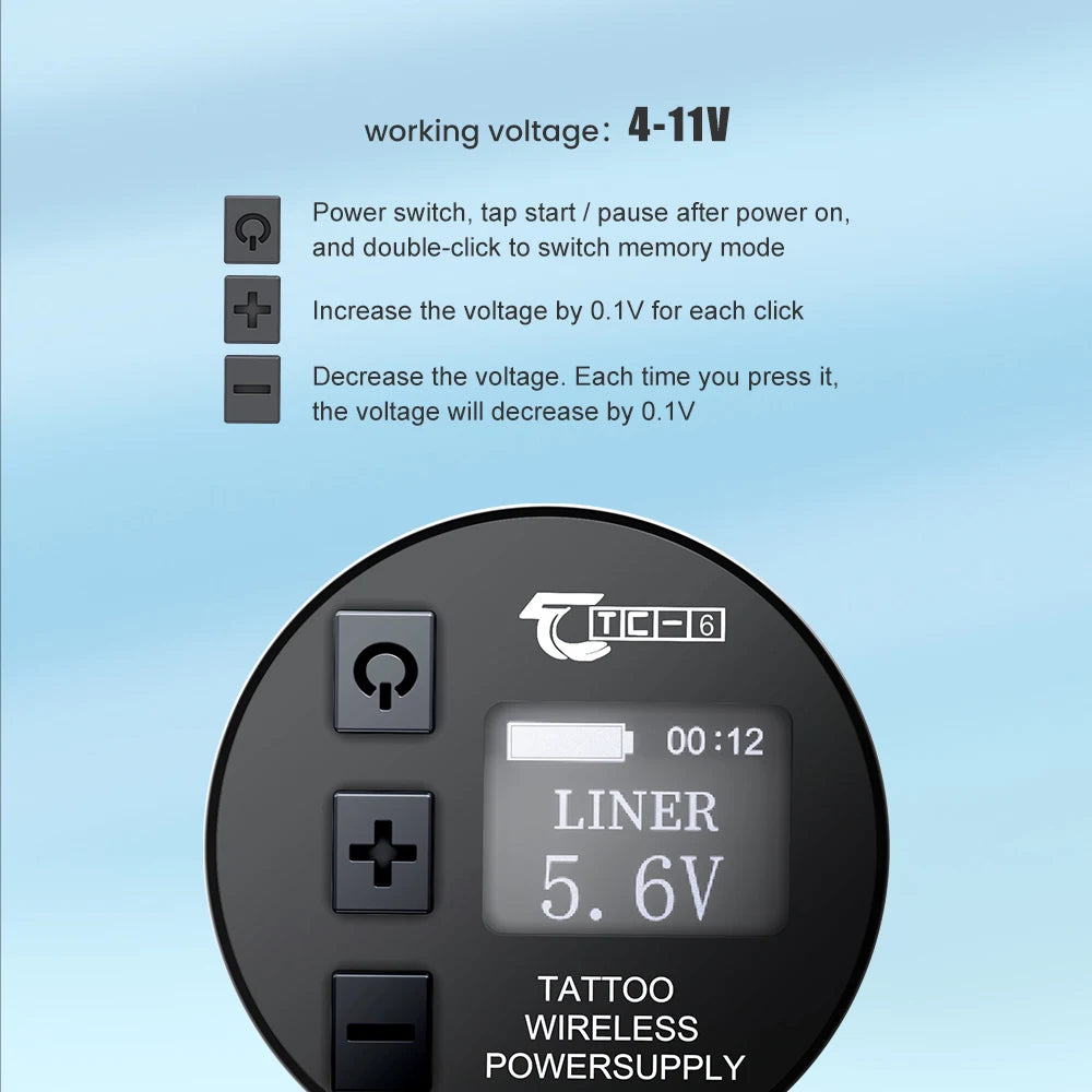 TC-6 Wireless Tattoo Power Supply 1700mAh LCD RCA