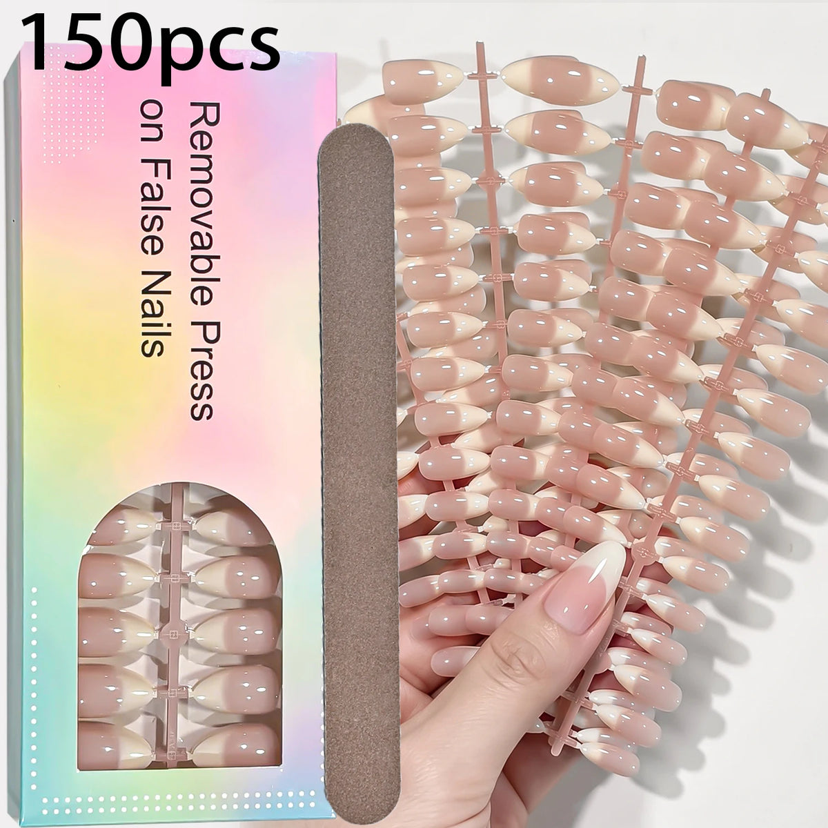 150Pcs Nude Pink Press On Nails – Glossy Almond French Tips