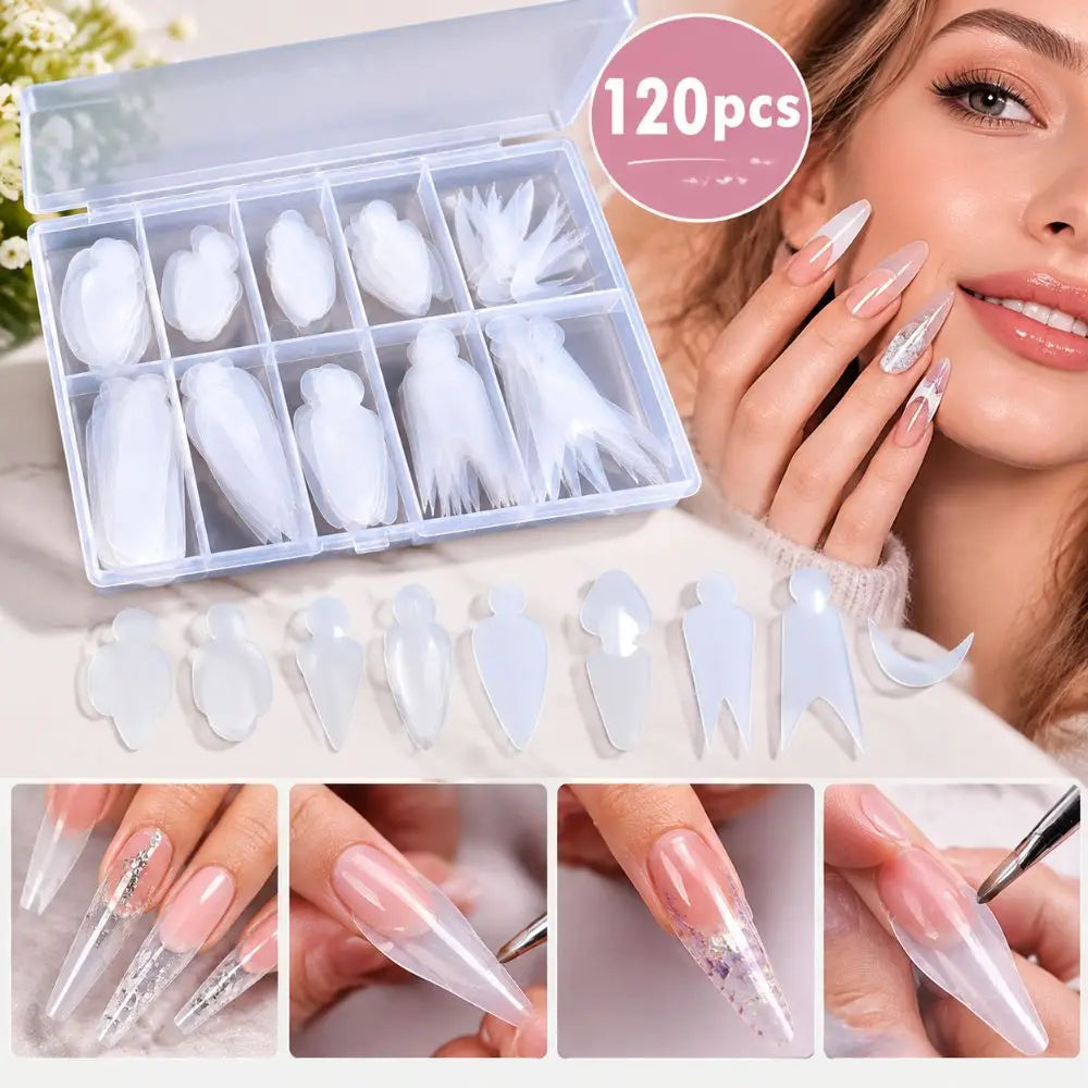 120Pcs Reusable Nail Extension Dual Forms Silicone Kit + Storage Box