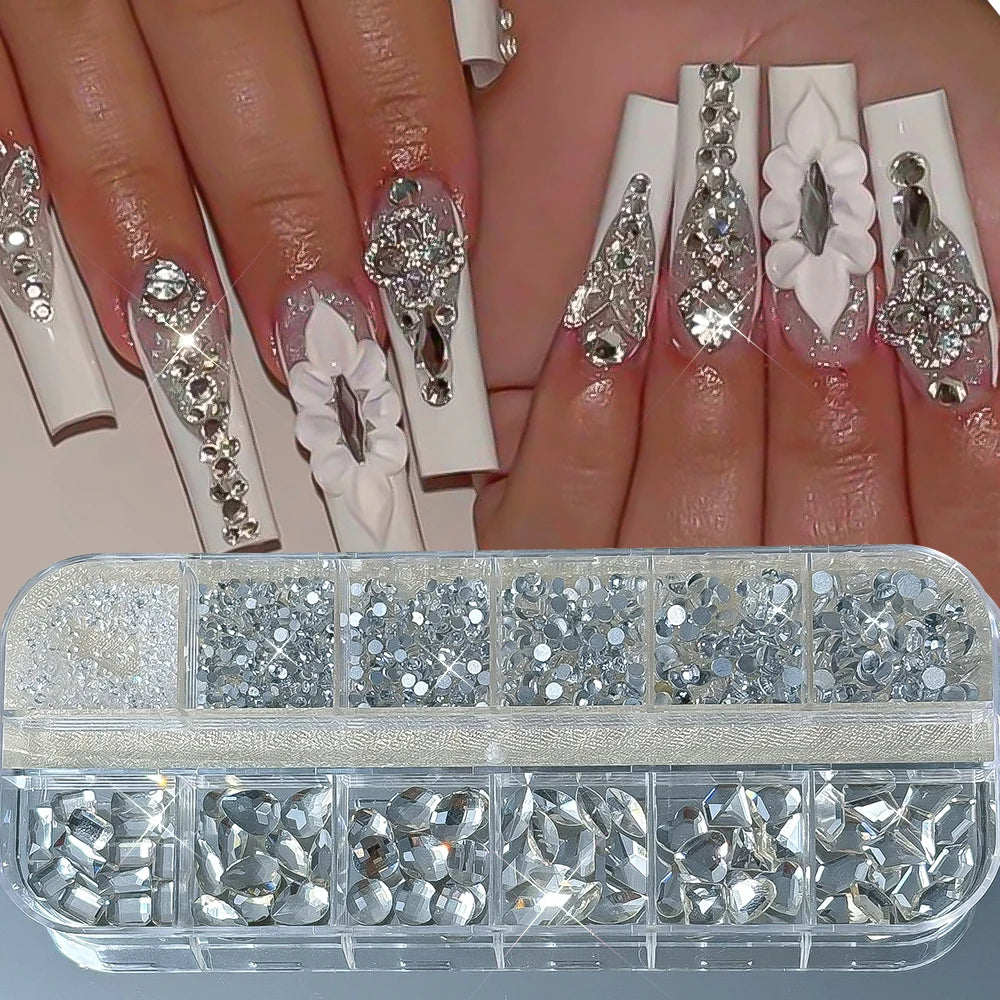 12-Grid Green Nail Rhinestones | Mixed 3D Glass Crystal Gems Nail Art Rhinestones PRIMED A6