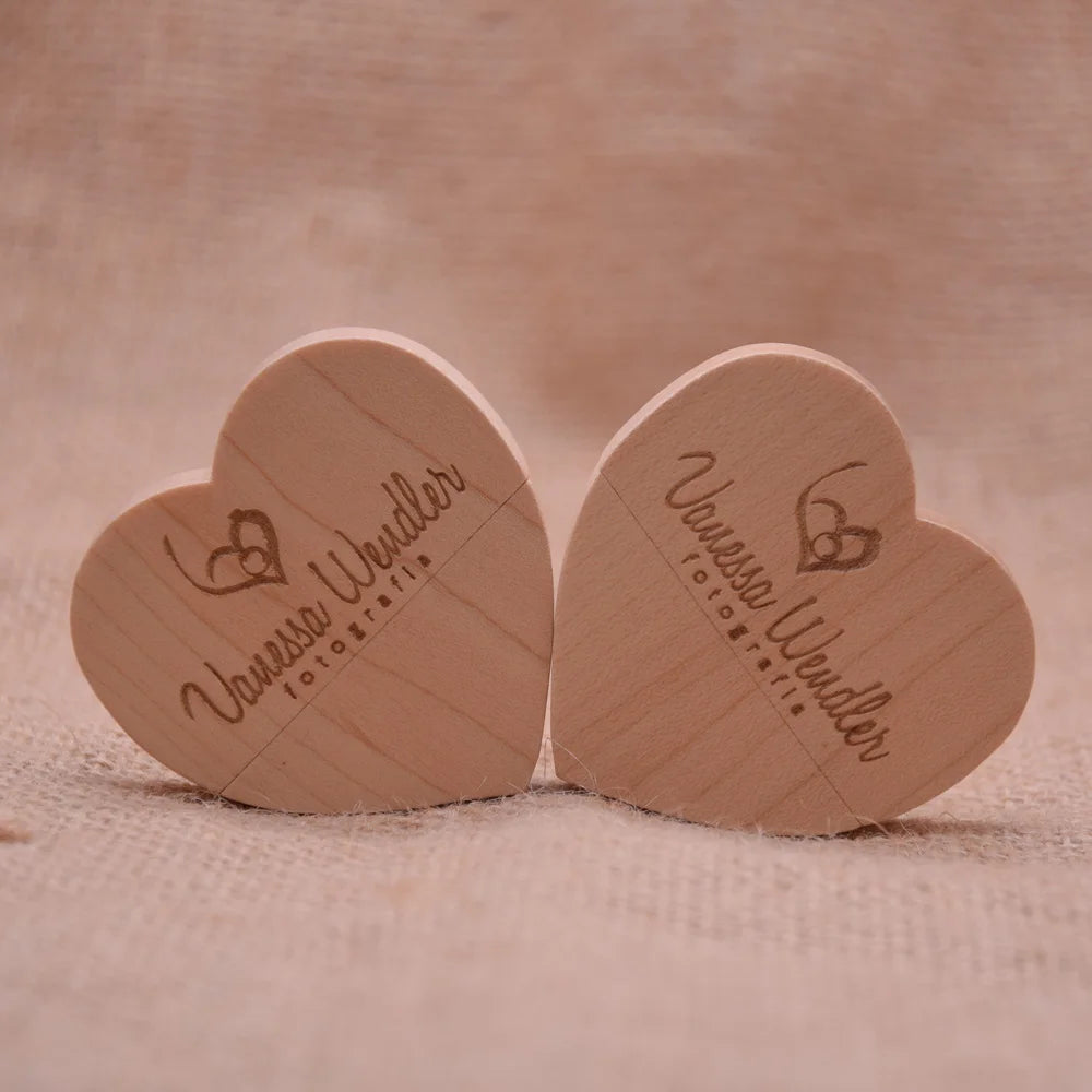 Wooden Heart USB Flash Drive | Custom Logo Wedding Gift 4–64GB USB Flash Drive PRIMED