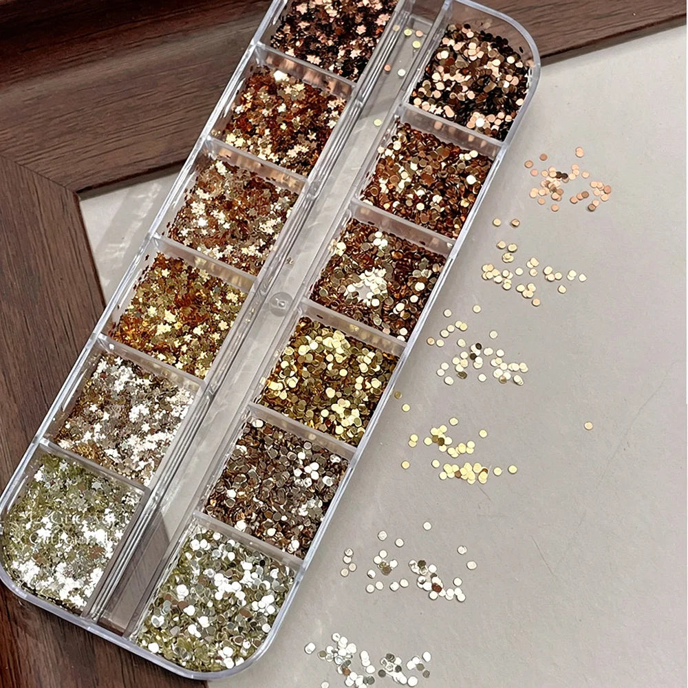 12-Grid Nail Glitter Sequins – Caramel Amber Brown Stars & Dots Nail Art Sequins PRIMED