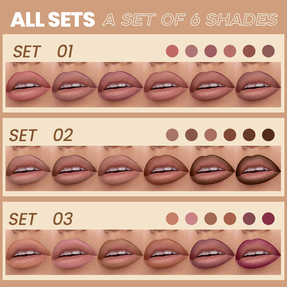 6-Piece Velvet Matte Lip Liner Set – Berry, Pink & Brown Lip Liner Set PRIMED