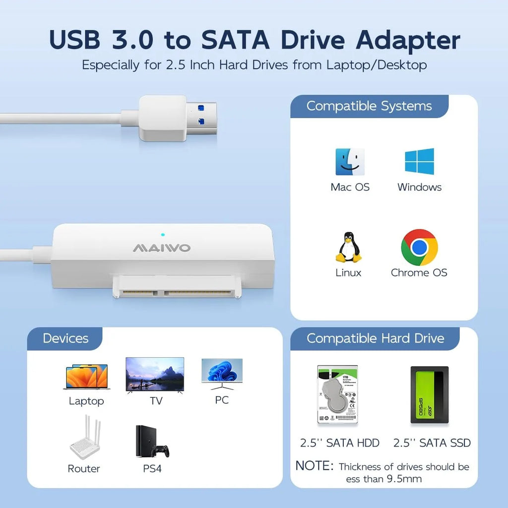 MAIWO SATA to USB 3.0 Cable for 2.5" HDD & SSD | 8TB SATA USB Adapter PRIMED