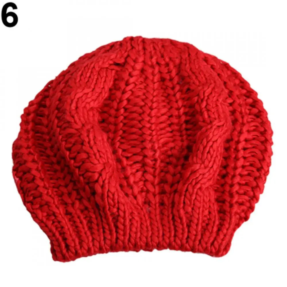 Women's Braided Knit Beret Beanie Hat – Warm Winter Ski Cap Knit Beret Beanie PRIMED Red