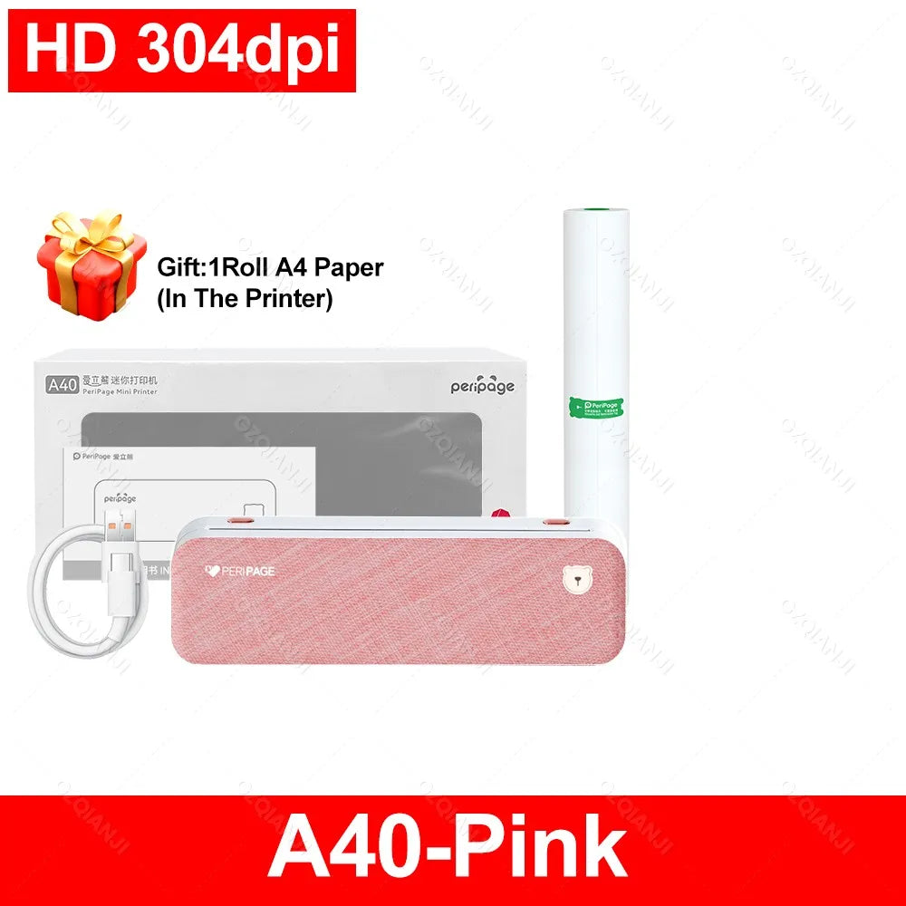 PeriPage A40 Portable A4 Bluetooth Thermal Printer + Case Portable Thermal Printer PRIMED 304Pink Printer