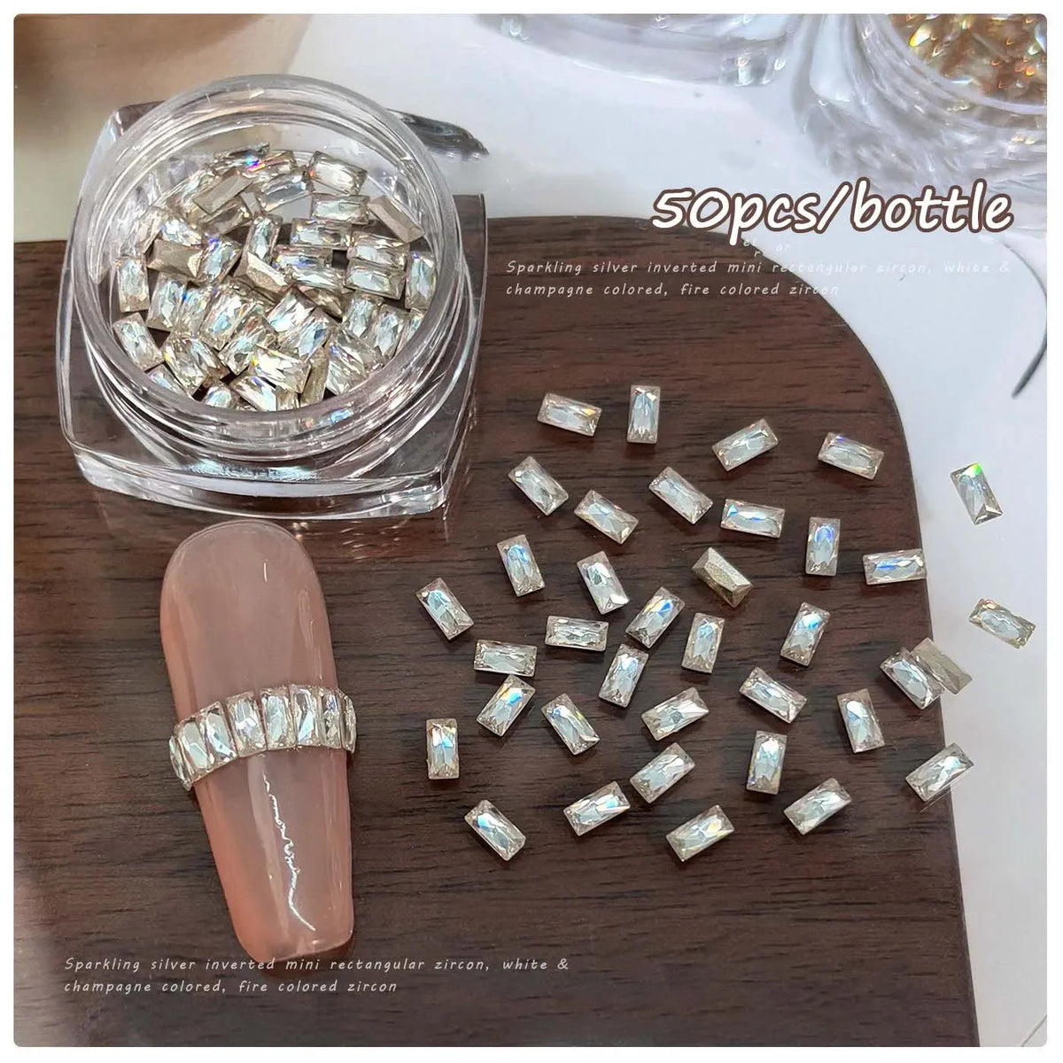 50Pcs Rectangular Zirconia Nail Rhinestones 2×4mm Clear & Champagne Nail Art Rhinestones PRIMED white 50pcs