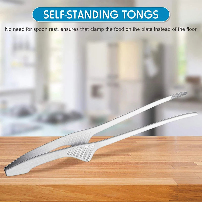 LMETJMA Stainless Steel BBQ Grill Tongs | Self-Standing Kitchen BBQ Grill Tongs PRIMED