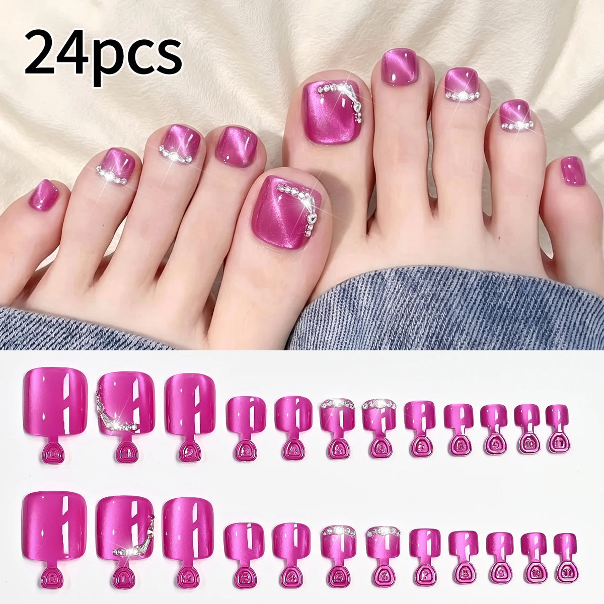24Pcs Dark Red Cat's Eye Press-On Toenails | Glitter Tips