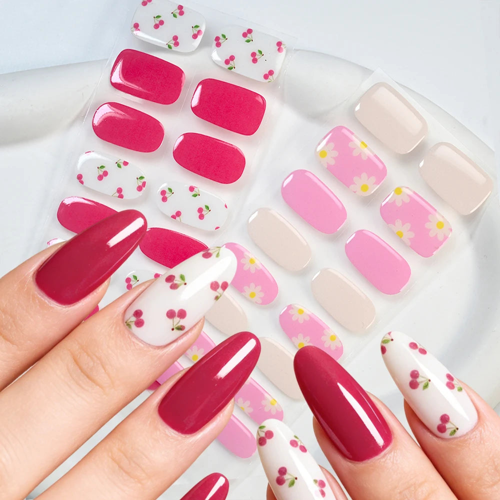 Pink Cherry Flower UV Gel Nail Stickers – Semi-Cured Strips