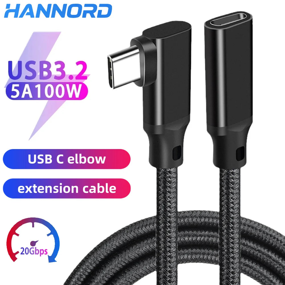 Hannord USB-C 90° Elbow Cable 100W 20Gbps VR Link Extension USB-C Extension Cable PRIMED