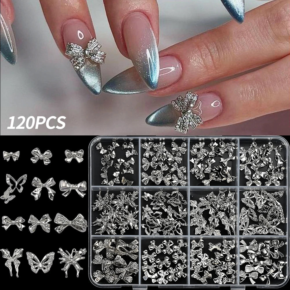 120Pcs 3D Nail Charms – Bows, Butterflies & Star Frames Nail Art Charms PRIMED