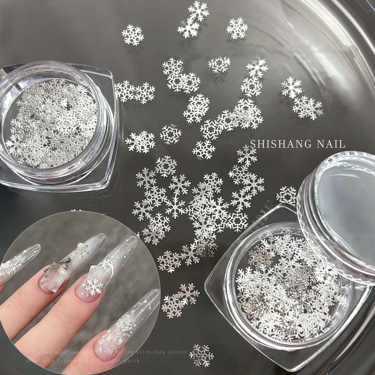 Silver Snowflake Nail Charms 50pcs – Hollow Metal Flatback Art Nail Art Charms PRIMED