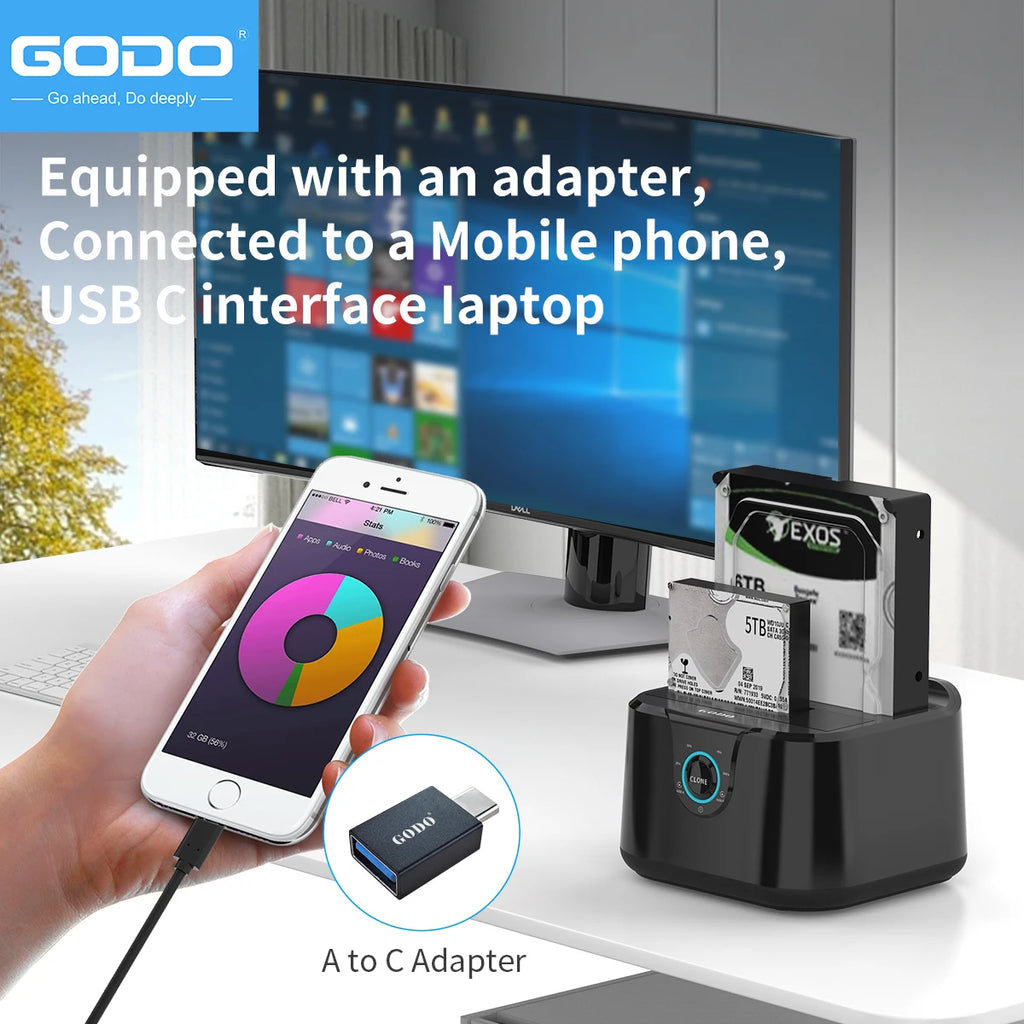 GODO Dual Bay USB 3.0 Type-C HDD Dock | Offline Clone 40TB HDD Docking Station PRIMED