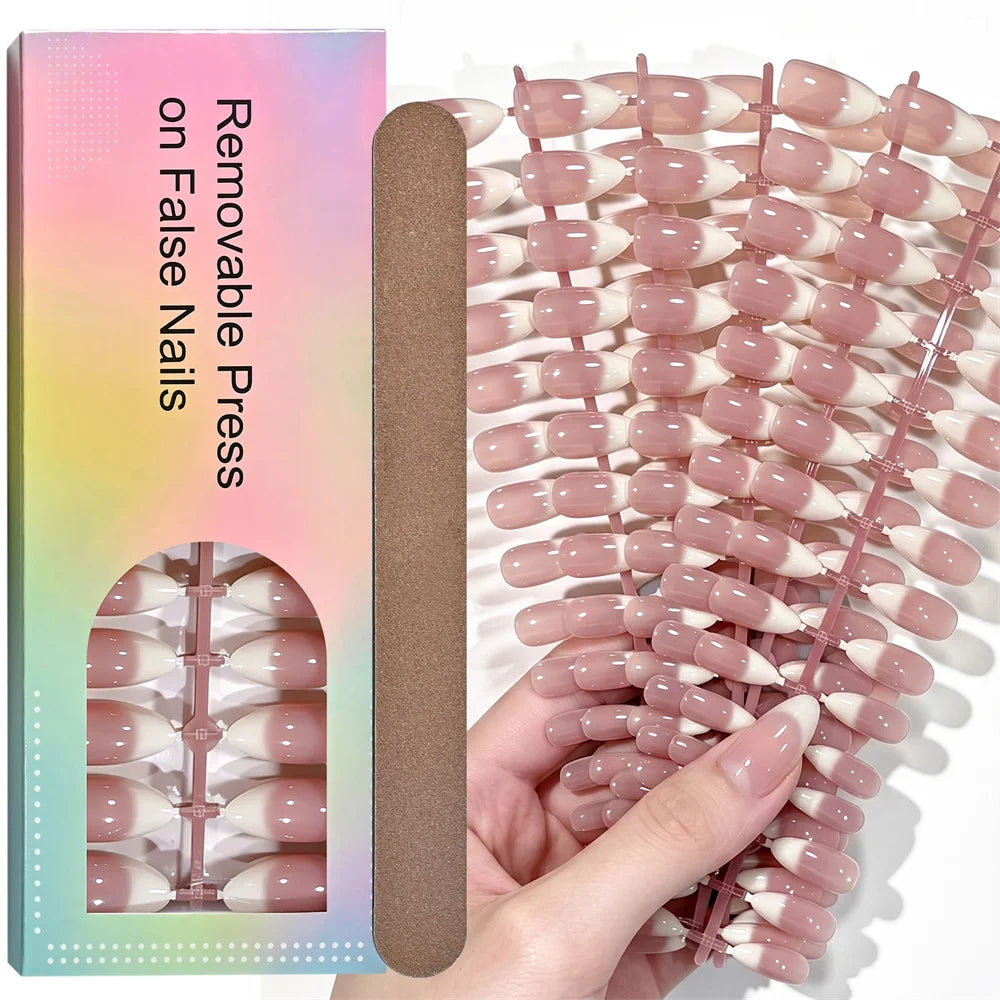 150Pcs Almond Press On Nails – Nude Pink French Ombre Press On Nails PRIMED