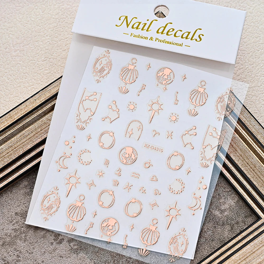 Rose Gold 3D Nail Stickers – Sun Moon Star Bohemian Art