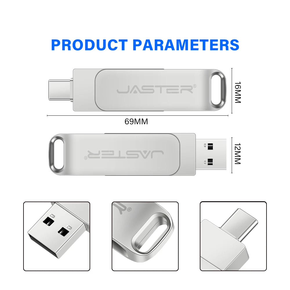 JASTER USB-C Metal Flash Drive 2-in-1 | 4GB–128GB Memory Stick USB Flash Drive PRIMED
