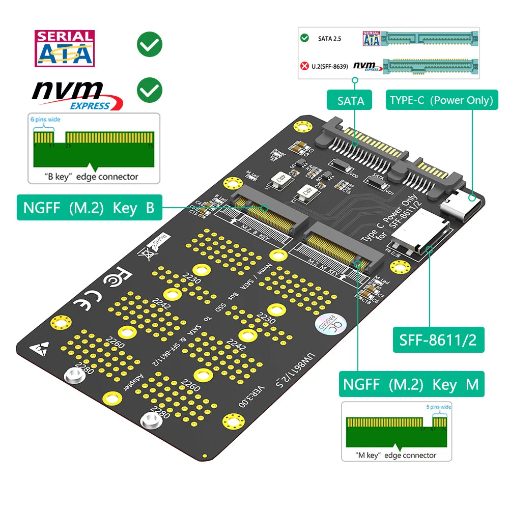 TISHRIC M.2 NGFF to SFF-8611/8612 NVMe SATA Adapter Card SSD Adapter Card PRIMED