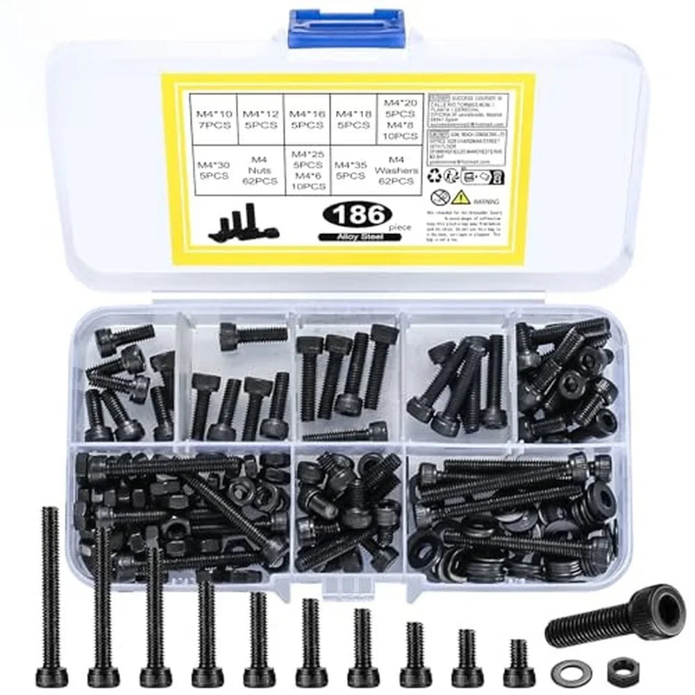 186-Pc Hex Socket Bolt Nut Washer Assortment Kit | Carbon Steel Fastener Assortment Kit PRIMED