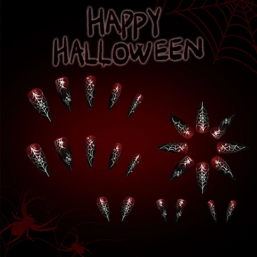 Halloween Spider Web Press-On Nails Dark Red Long Tips 24 Pcs