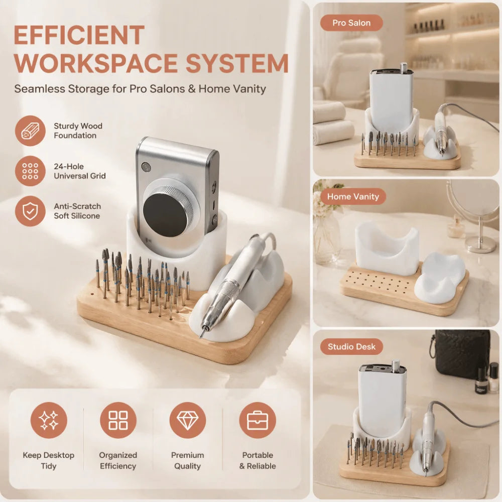 Nail Drill Bit Holder – 24-Hole Wood & Silicone Organizer