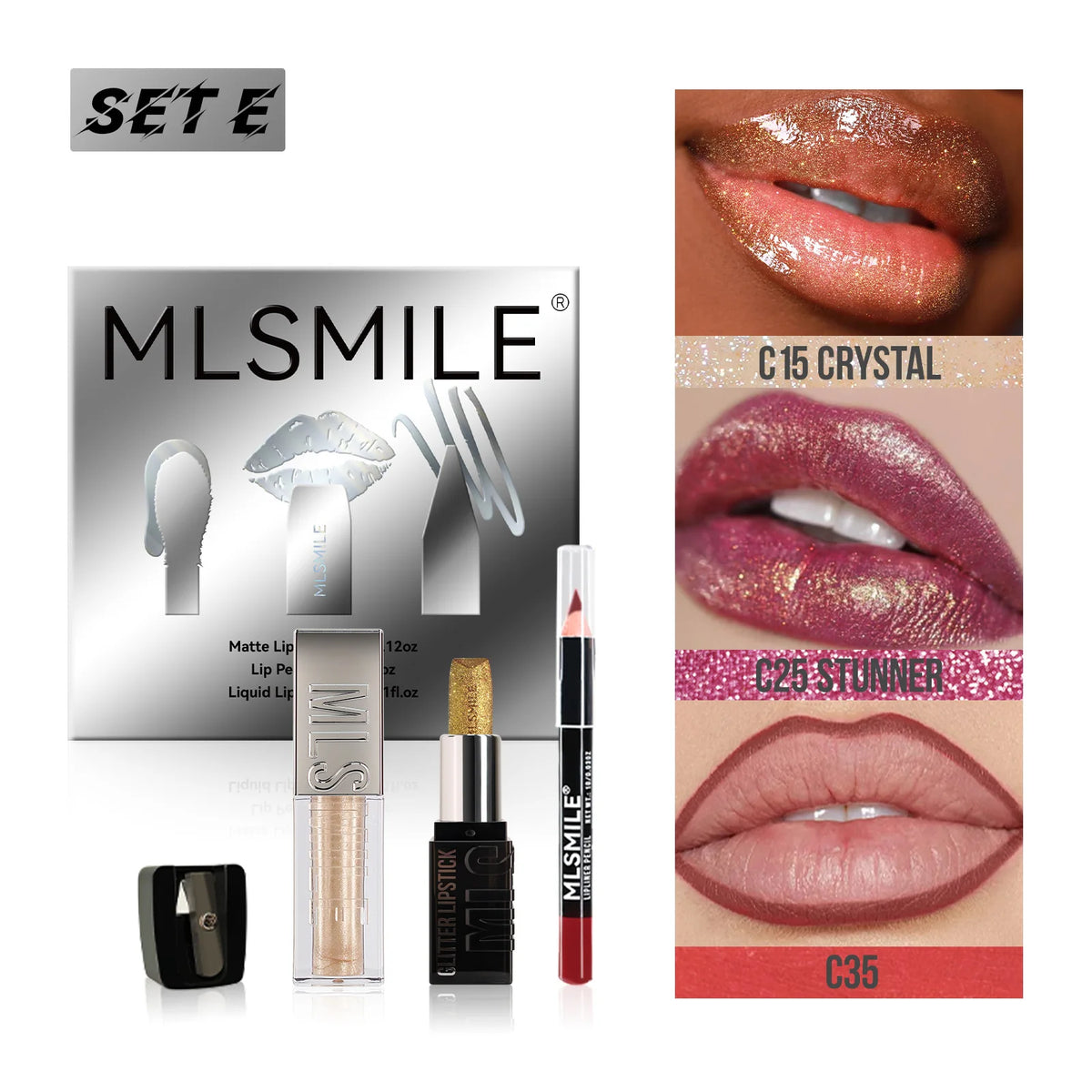 MLSMILE Diamond Lip Gloss, Matte Liner & Lipstick Kit