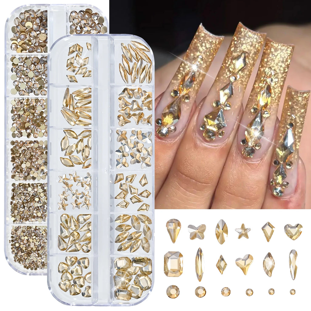 Champagne Gold Nail Art Rhinestones 2-Box Mixed Shapes Zircon