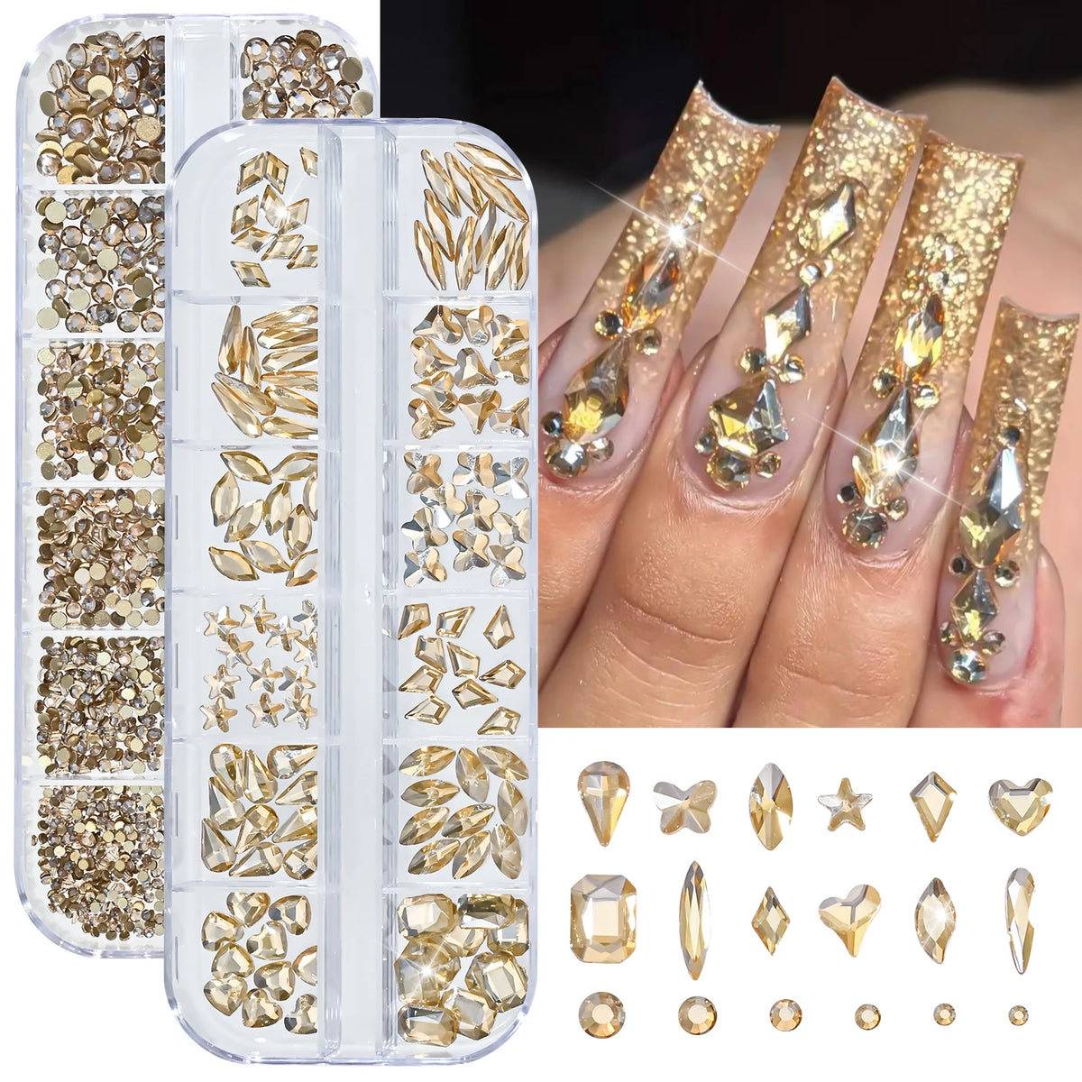 Champagne Gold Nail Art Rhinestones 2-Box Mixed Shapes Zircon