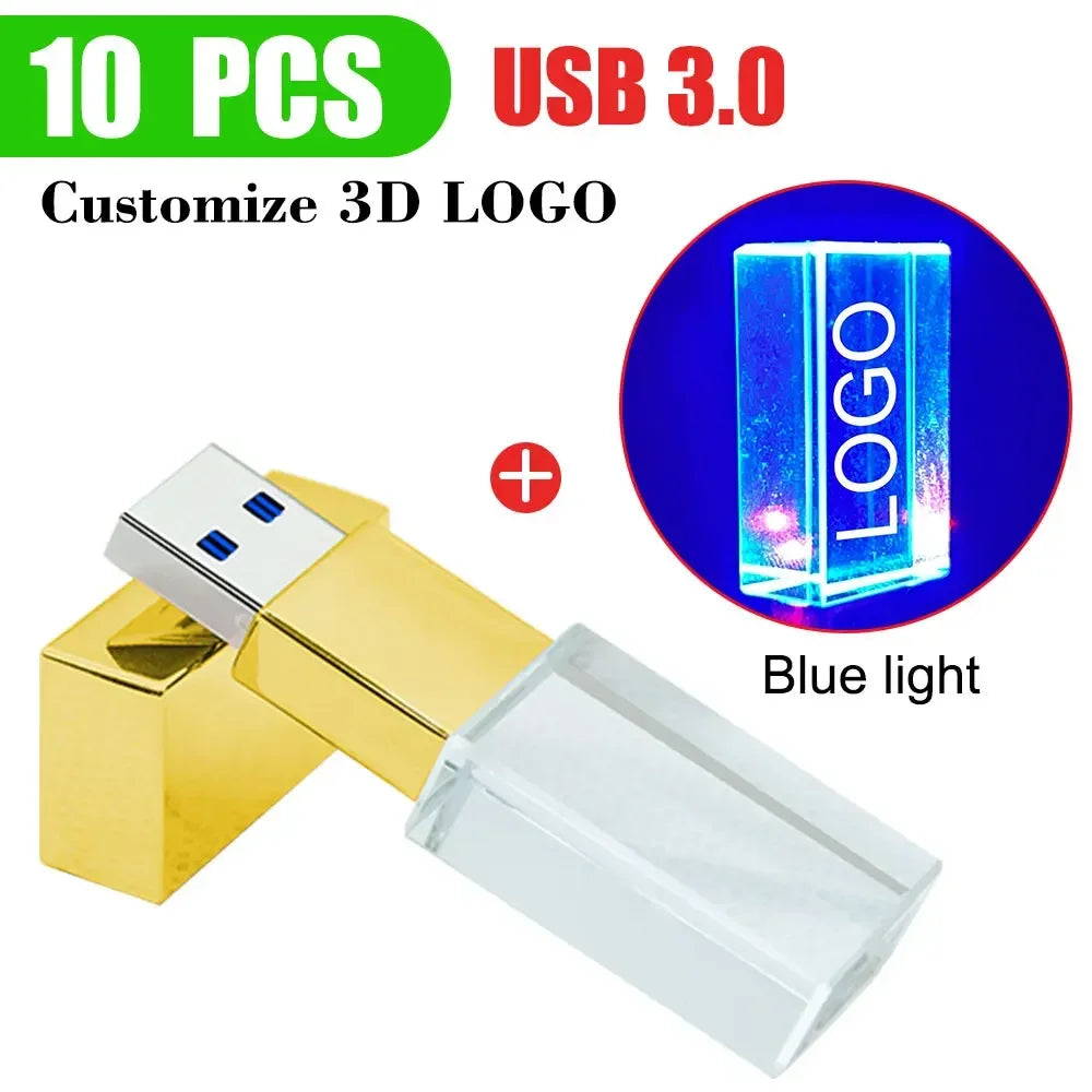 10-Pack Crystal 3D USB 3.0 Flash Drives | Free Engraved Logo USB Flash Drive PRIMED 8GBx10pcs gold - blue led