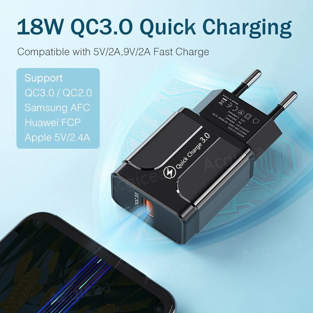 QC3.0 18W Fast USB Wall Charger – EU/US Plug Travel Adapter USB Wall Charger PRIMED