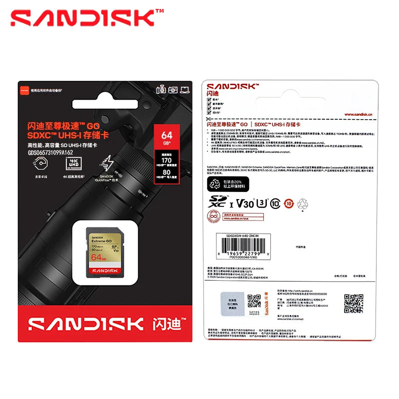 SanDisk Extreme GO SD Card UHS-I V30 | 32GB–256GB | 4K UHD SD Memory Card PRIMED