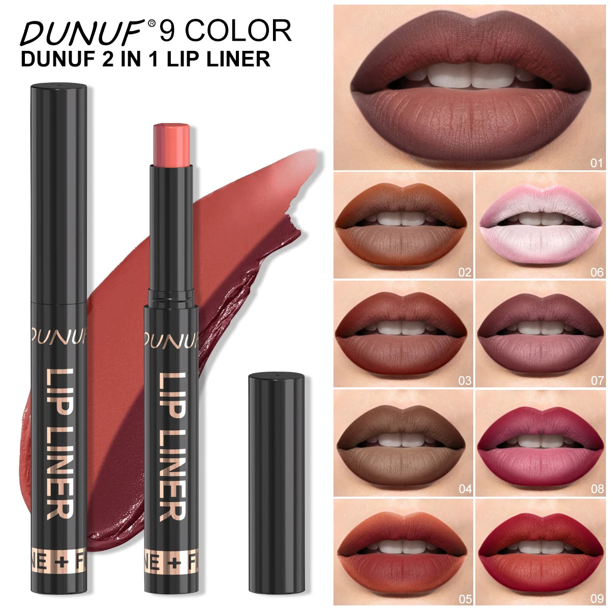 DUNUF 2-in-1 Gradient Lip Liner Lipstick Pen – Matte Velvet Lip Liner Lipstick PRIMED
