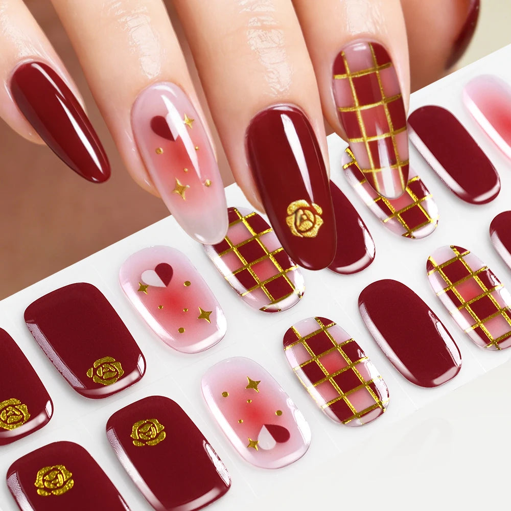 5D Semi-Cured Gel Nail Stickers – Golden Embossed Rabbit Pink Purple Gel Nail Stickers PRIMED 05