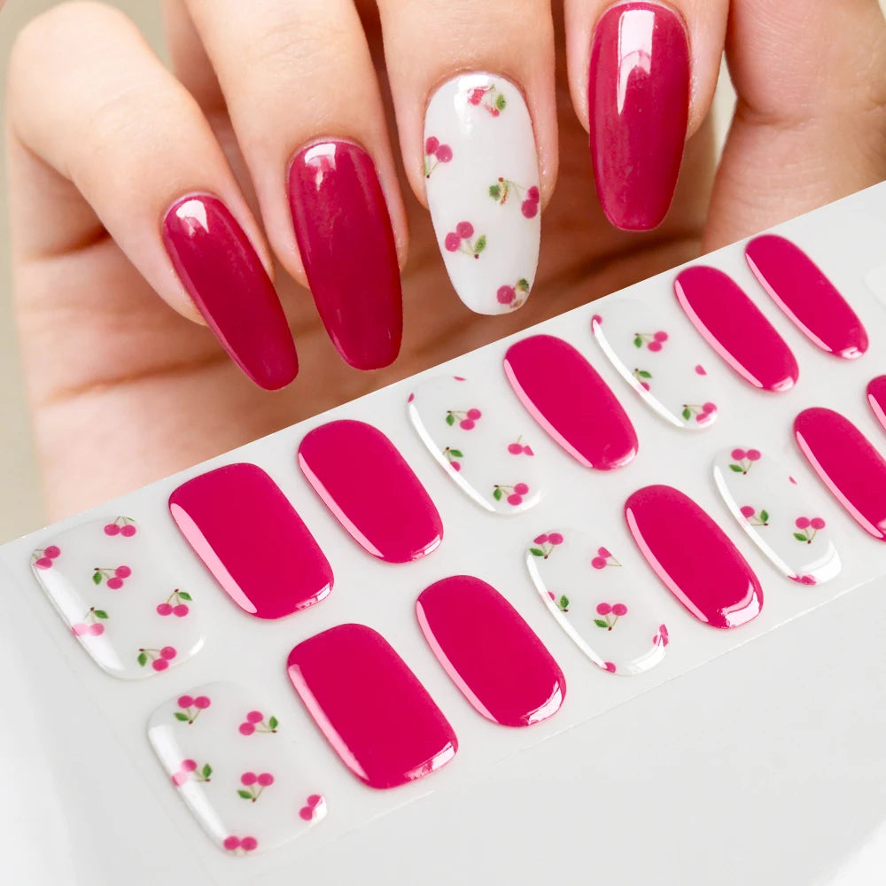 Pink Cherry Flower UV Gel Nail Stickers – Semi-Cured Strips