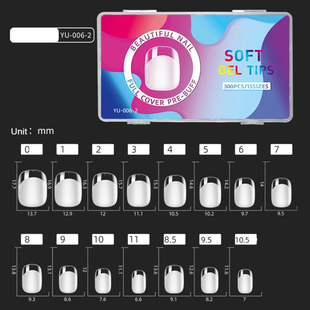 300pcs Short Almond Soft Gel Nail Tips | 15 Sizes Full Cover