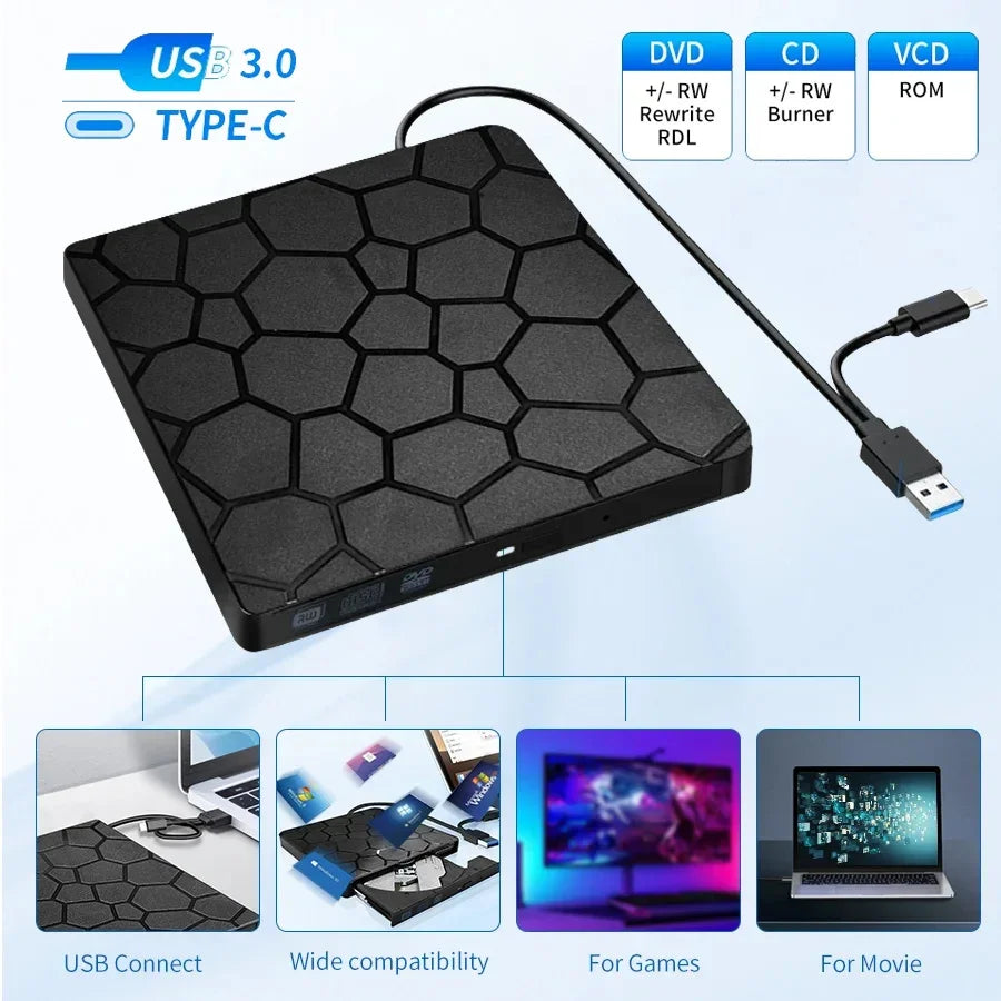 GGBEE External DVD RW Drive USB 3.0 & Type-C Slim CD Burner External Optical Drive PRIMED