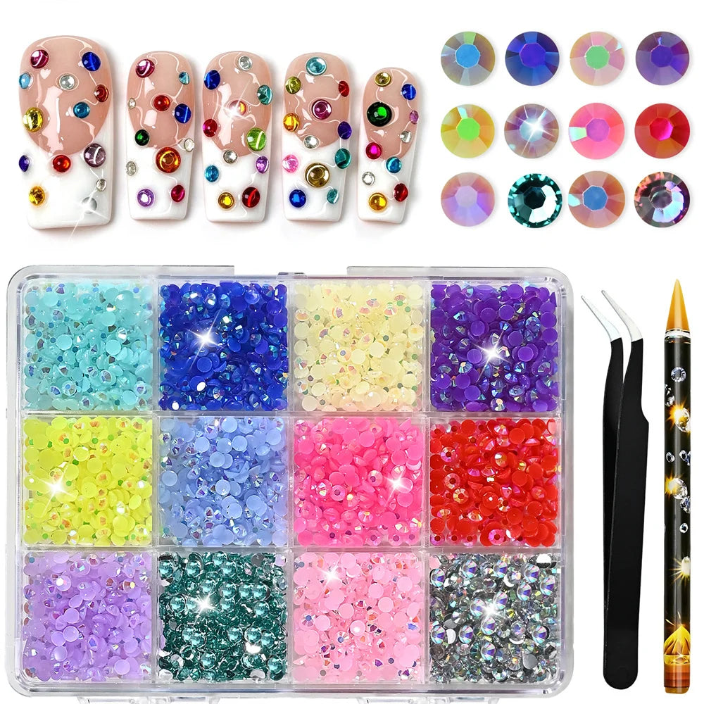 12-Grid Multi-Color Nail Rhinestones Set | Round Acrylic Gems Nail Art Rhinestones PRIMED ZBH333