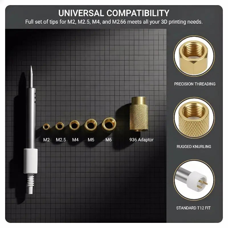 T12 Heat Insert Tip Kit – M2–M8 Brass Knurled Nuts for 3D Prints