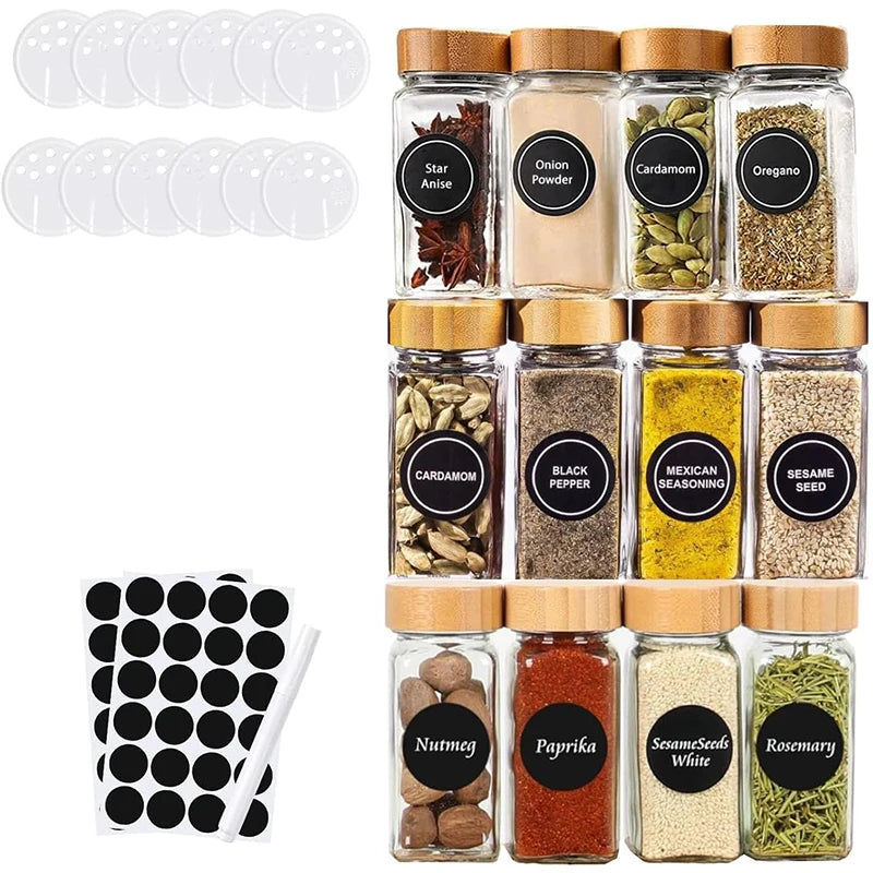 12-Piece 4oz Glass Spice Jars with Labels – Square Set Glass Spice Jar Set PRIMED