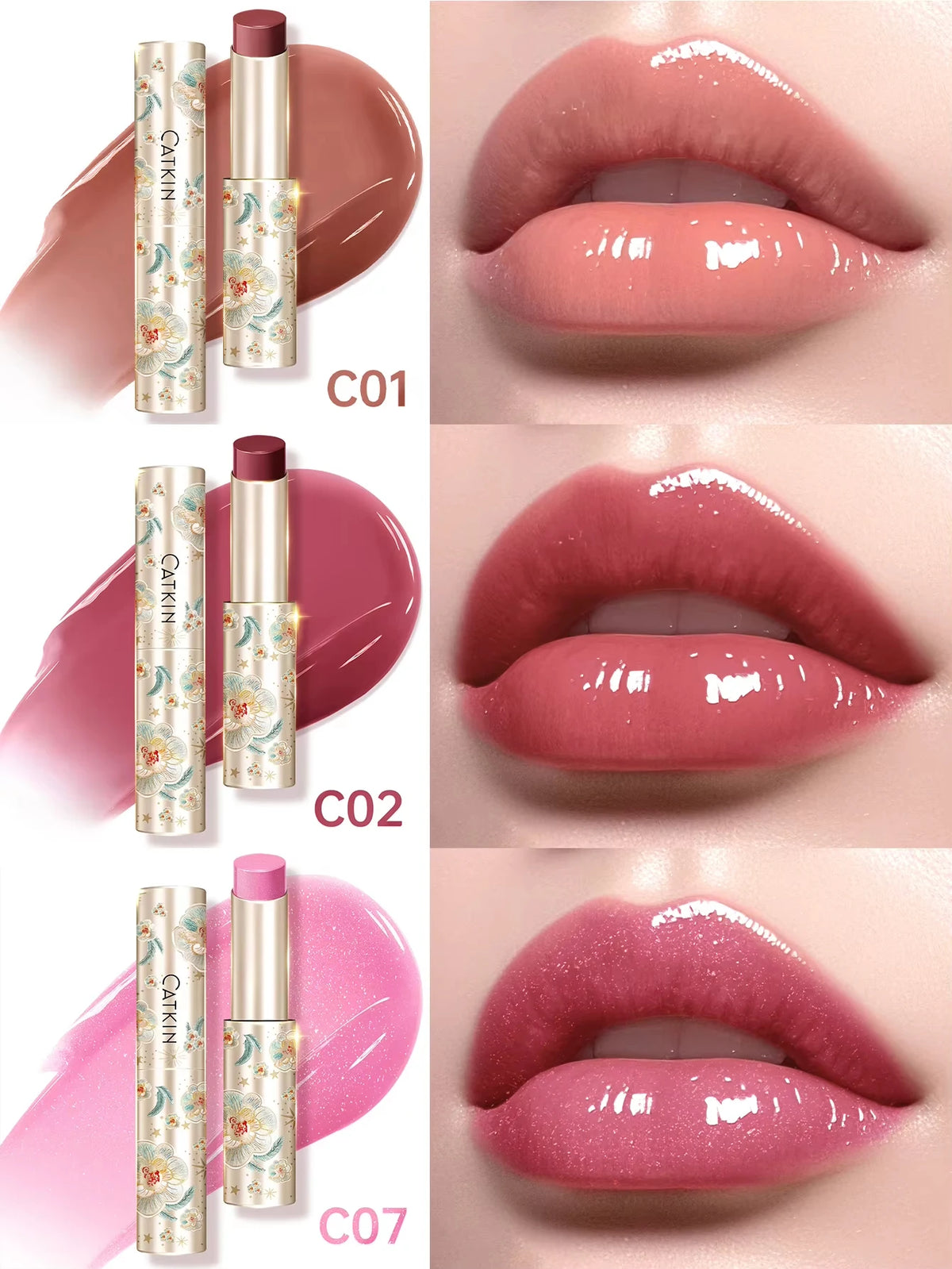 CATKIN 3PCS Glossy Lip Balm Set | Mirror Shine 12H Hydration Lip Balm Set PRIMED C01 C02 C07