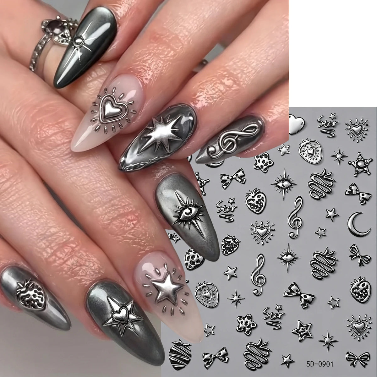 Punk Gothic Nail Art Stickers – Stars, Moon & Strawberry Decals